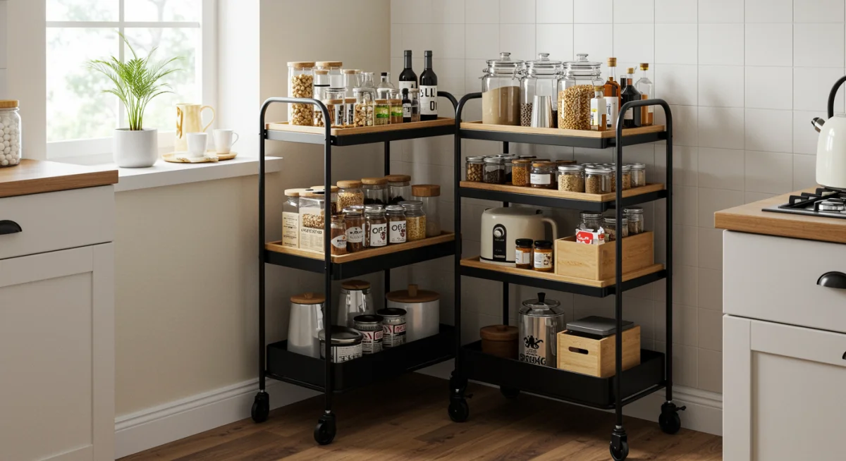 Multi-tiered rolling cart for kitchen storage