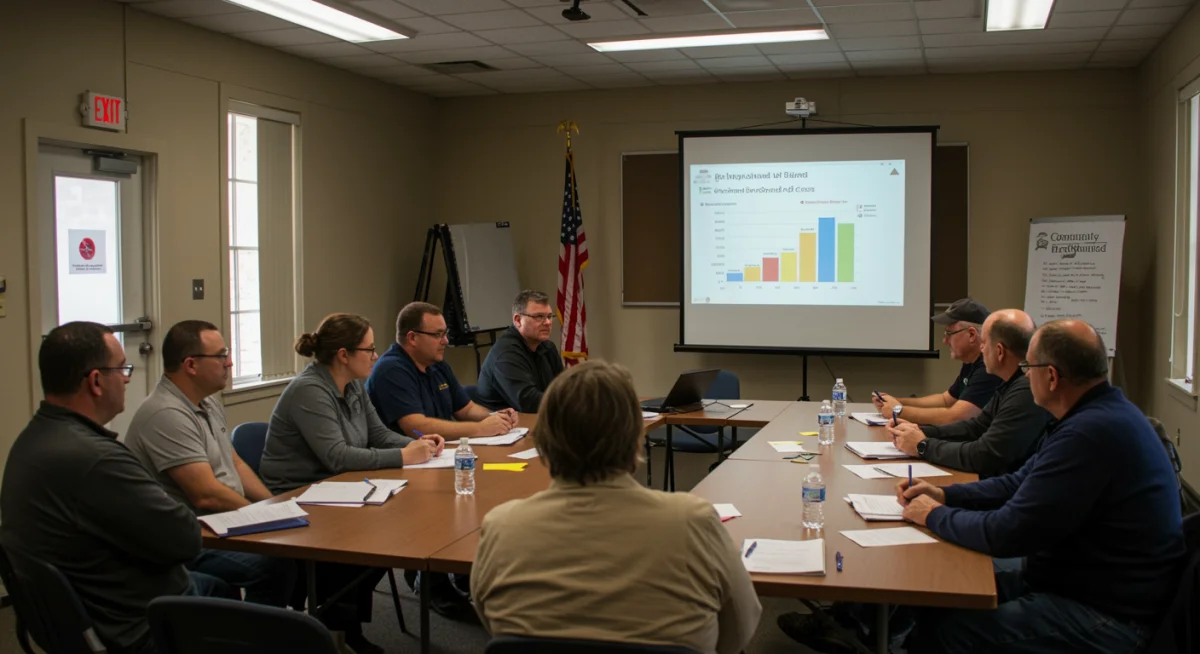 Rural community meeting discussing broadband access and federal initiatives.
