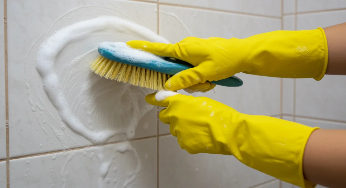 Person scrubbing shower wall to remove stubborn soap scum and grime.