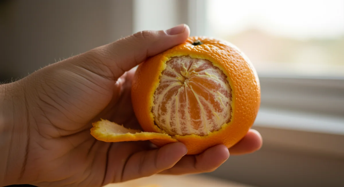 Hand slowly peeling an orange, focusing on sensory details.