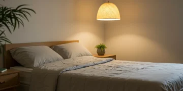 Serene bedroom with soft lighting and plush bedding, promoting restful sleep.