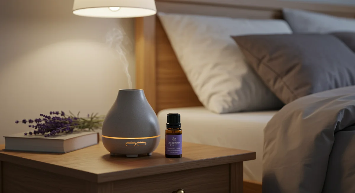 Lavender essential oil and diffuser on a bedside table in a calm, dimly lit bedroom, promoting sleep.