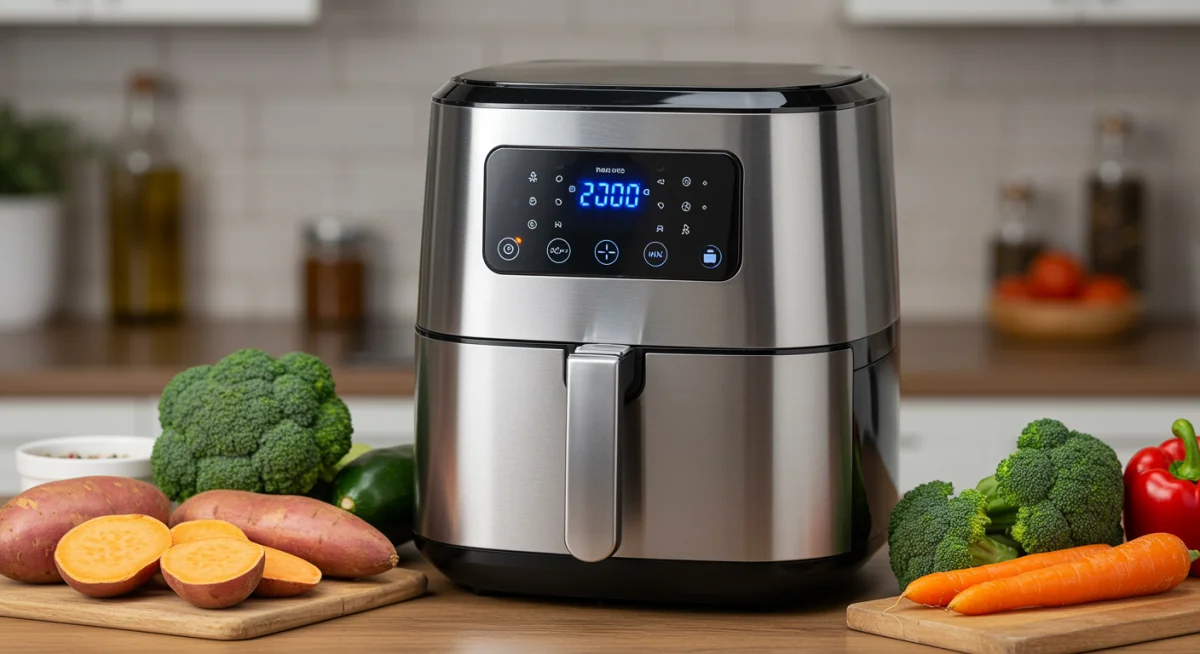 Smart air fryer preparing healthy vegetables