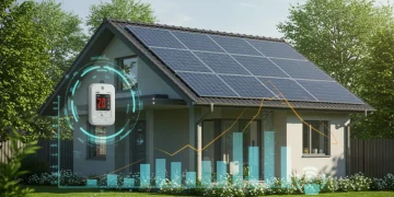 Modern home with solar panels and smart technology, symbolizing energy savings