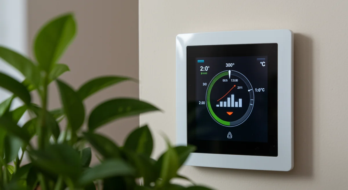 Smart thermostat showing energy data with indoor plants, illustrating home energy efficiency.
