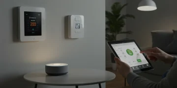 Modern living room with smart devices, illustrating efficient smart home maintenance.