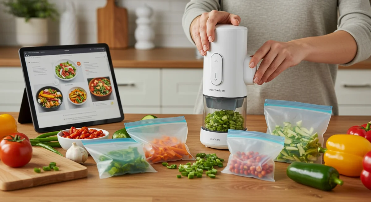 Person using a smart kitchen gadget for rapid vegetable chopping.