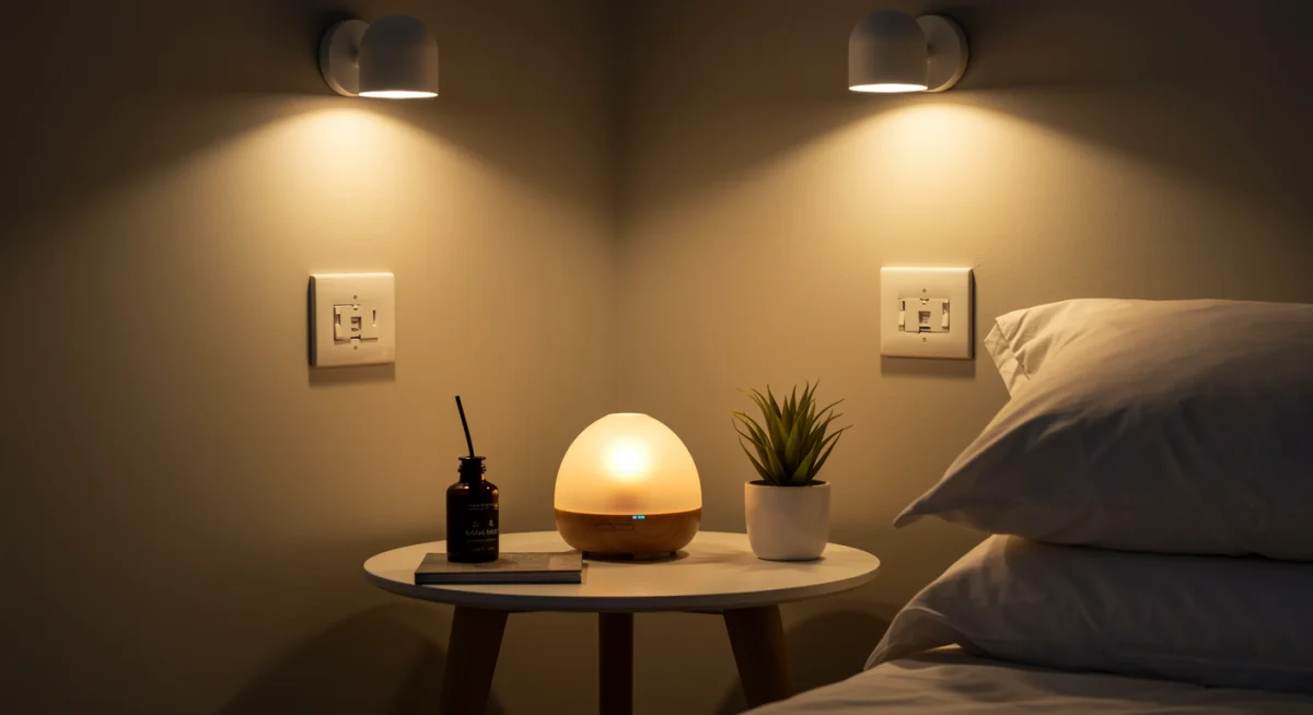 Smart lighting and aromatherapy diffuser in a modern, calming bedroom setting.