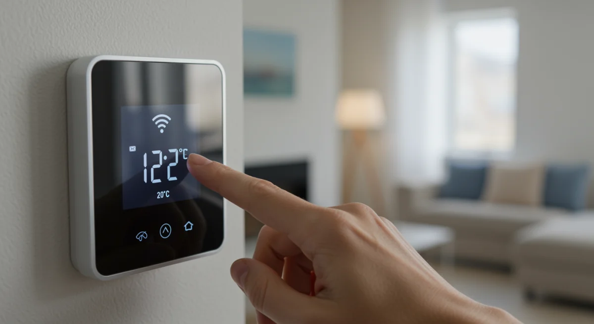 Hand adjusting a smart thermostat for optimal home temperature control