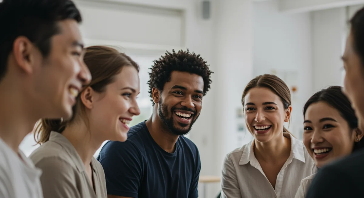 Diverse group engaging in supportive conversation