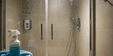 Sparkling clean shower with glass doors and chrome fixtures, reflecting light.