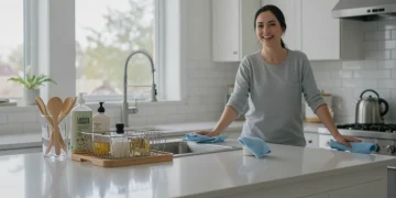 Smiling person holding microfiber cloth in a sparkling clean kitchen.