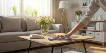 Woman quickly cleaning a modern living room, emphasizing speed and efficiency