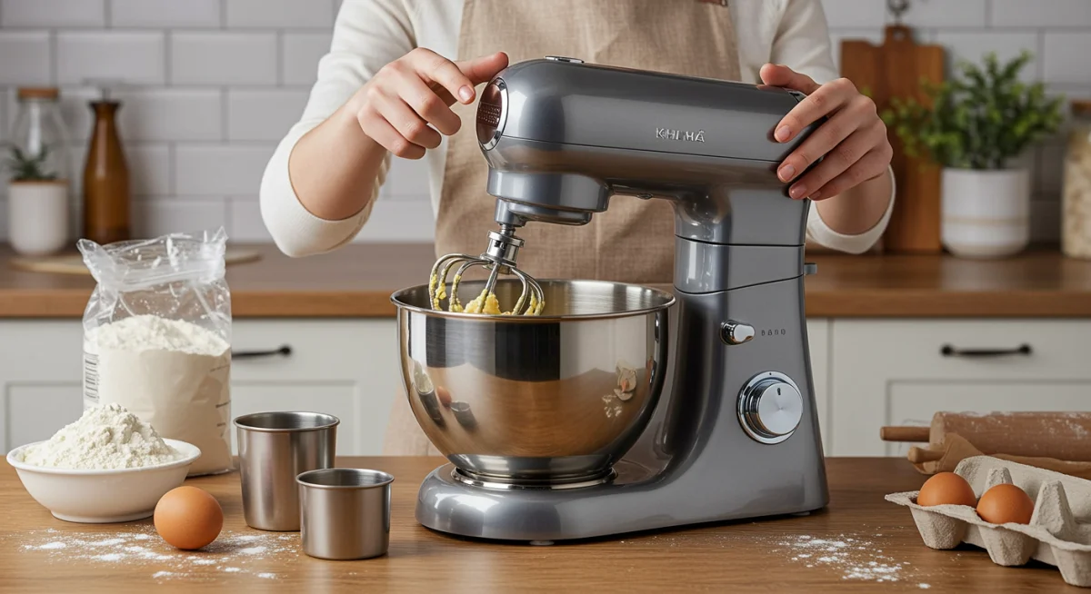 Ergonomic stand mixer in action, mixing dough