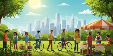 People engaging in sustainable activities like gardening and cycling in a clean urban environment, representing sustainable living in the US.