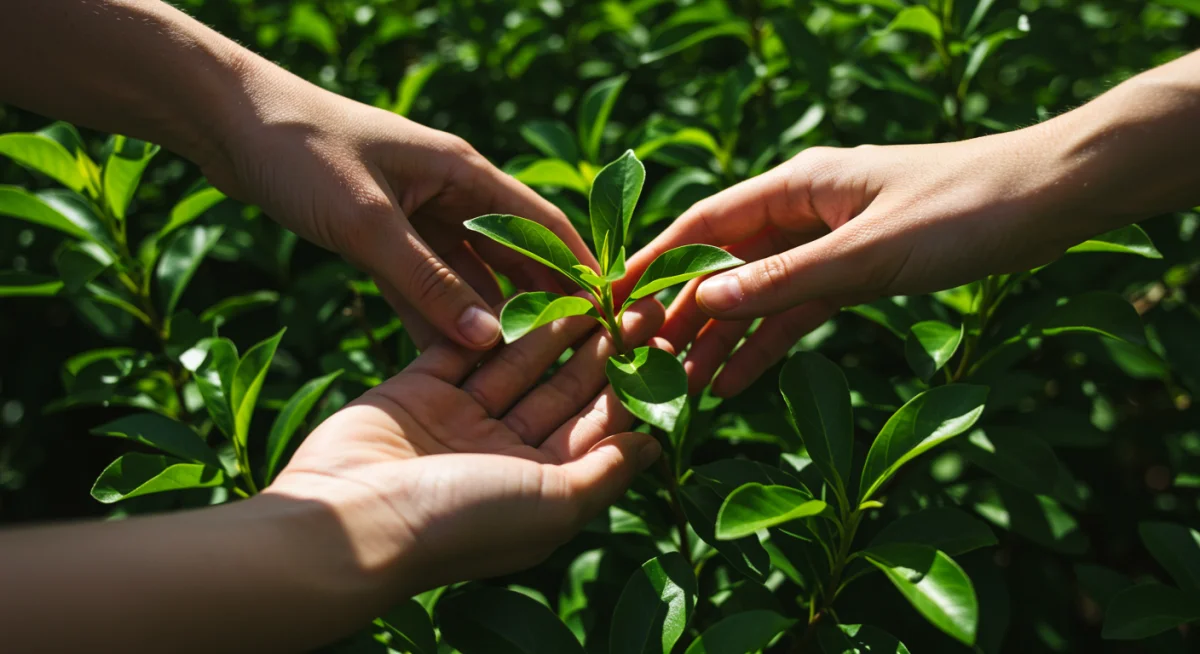 Hands gently touching green leaves, symbolizing connection to nature.