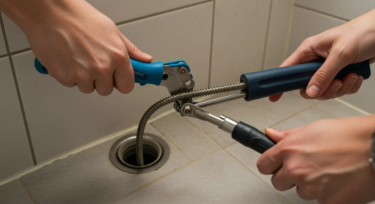 Homeowner unclogging a bathroom sink drain with a plumbing snake