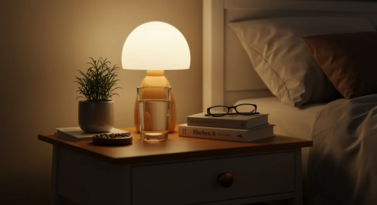 Organized bedside table with plant, book, and warm lamp for relaxation.