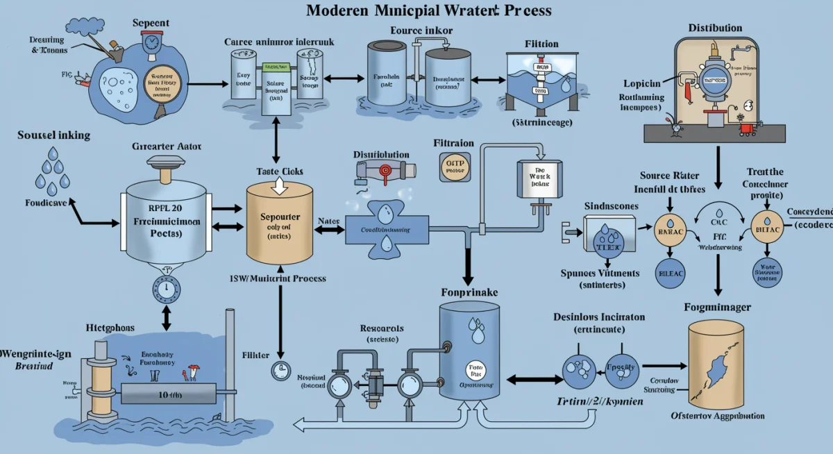 Detailed diagram of a municipal water treatment process, showing filtration and disinfection steps.