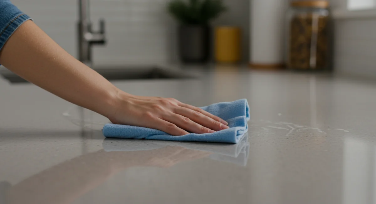 Person wiping kitchen counter demonstrating 'wipe as you go' cleaning.