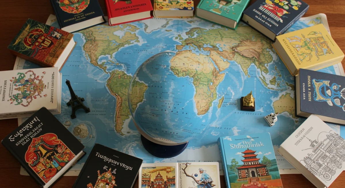 Globe surrounded by international books and travel souvenirs, representing a world literature book club.