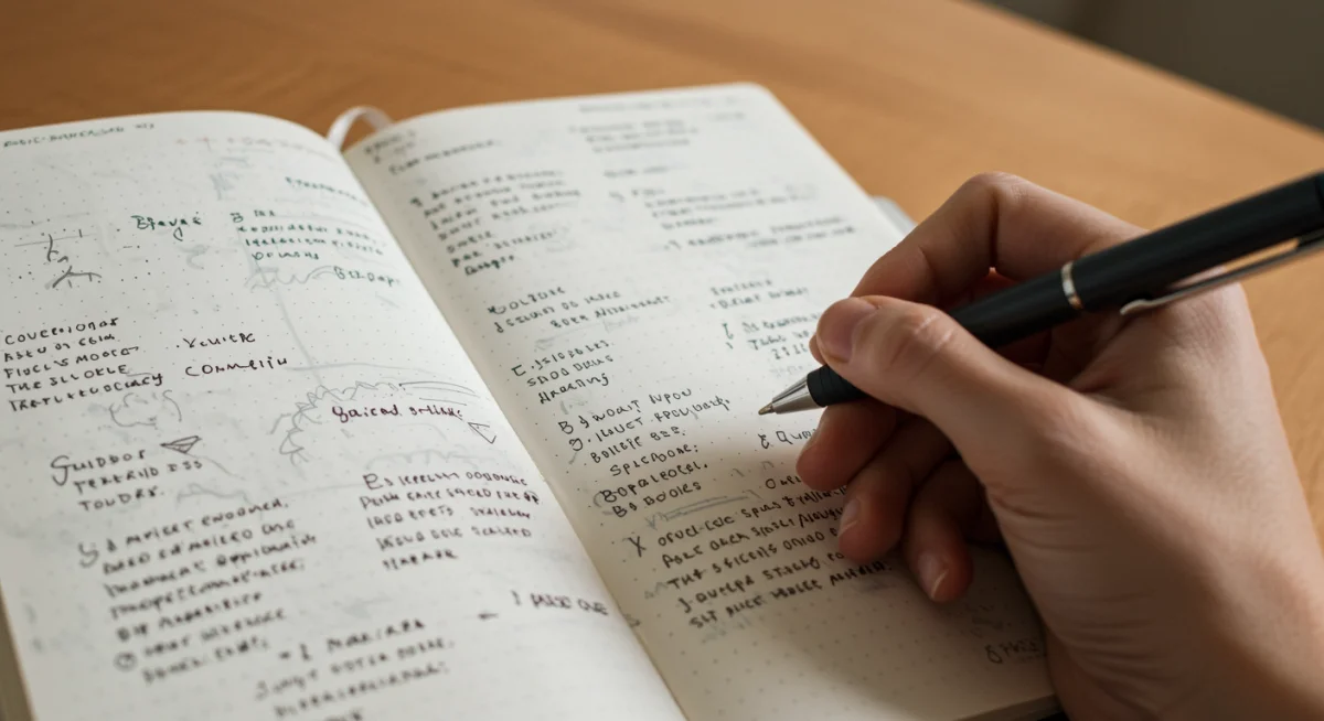 Hand writing in a journal, demonstrating free-form thought capture