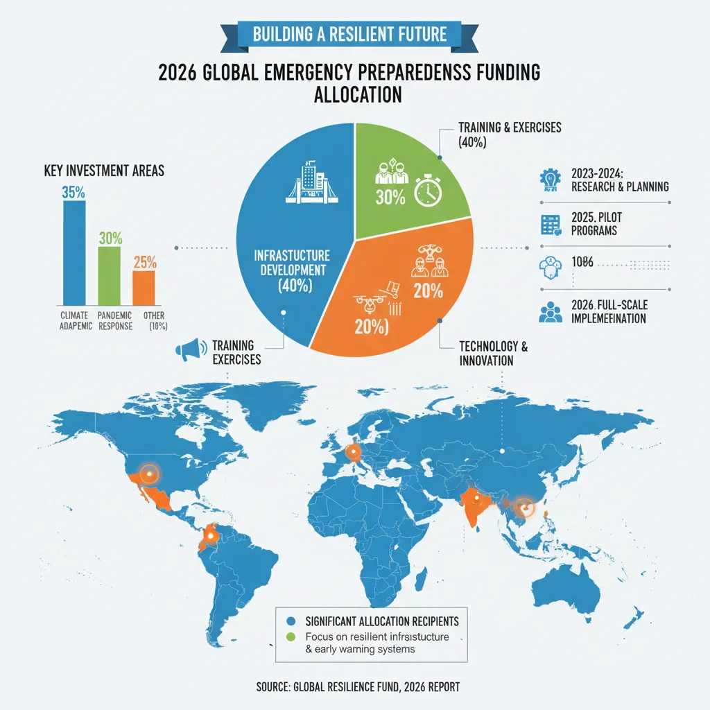 Infographic detailing 2026 emergency preparedness funding categories and regional allocations.