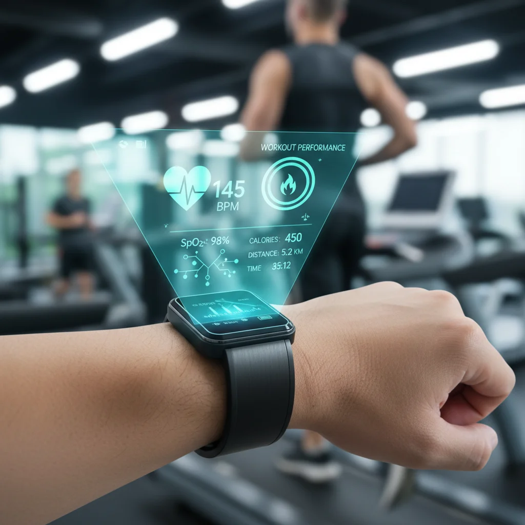 Advanced wrist wearable displaying real-time biometric data and workout metrics.
