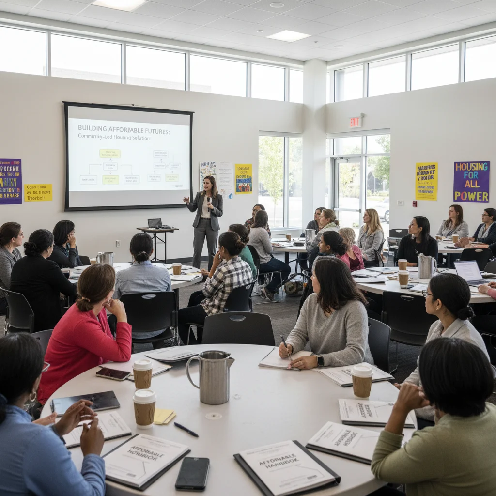 Community workshop on affordable housing programs, with people learning about new federal housing initiatives.