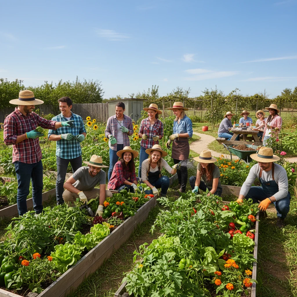 People collaborating in a thriving community garden, symbolizing shared purpose and local engagement.