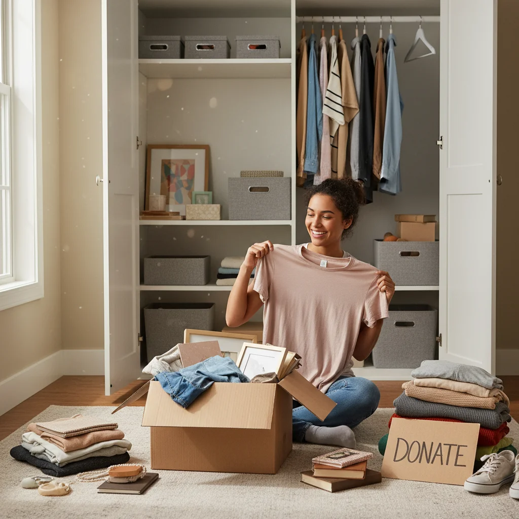 Person decluttering belongings, making decisions on what to keep or donate