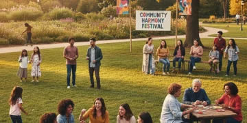 Diverse community members engaging in a vibrant park, fostering strong social connections.