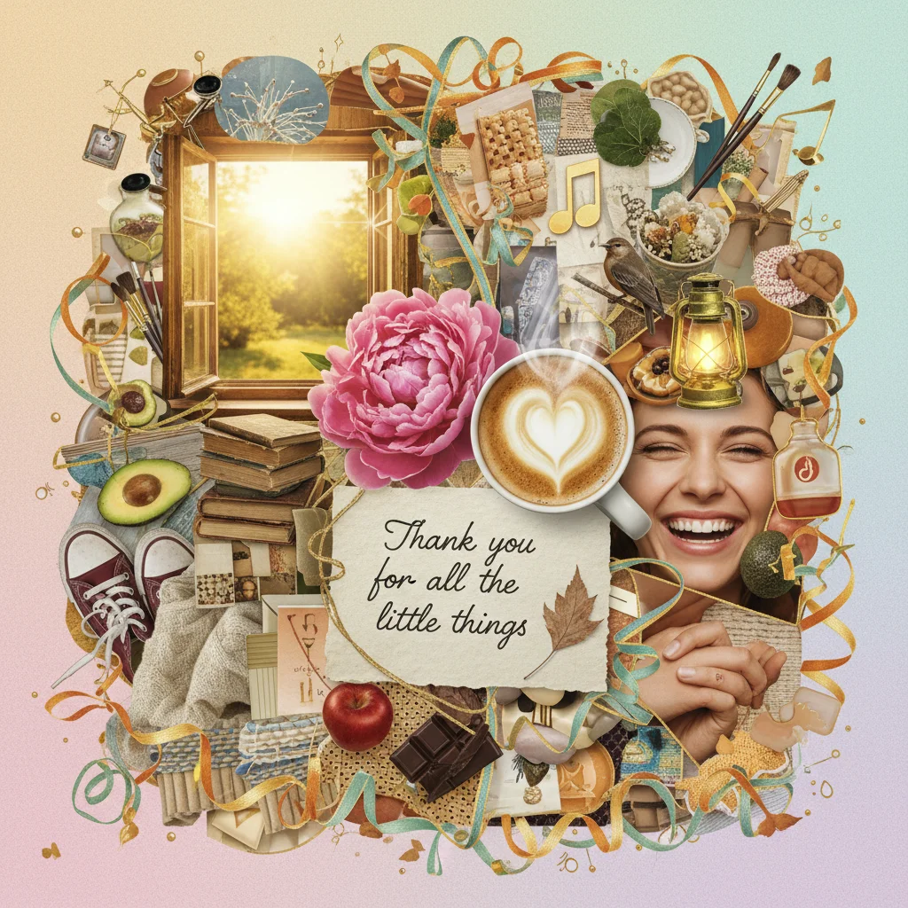 Collage of diverse items representing gratitude, like flowers, coffee, and notes.