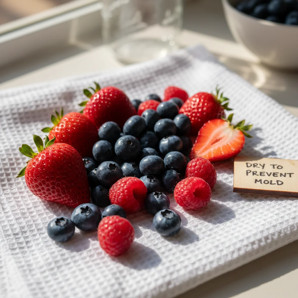 Freshly washed berries drying on a clean towel, preventing moisture buildup and mold.