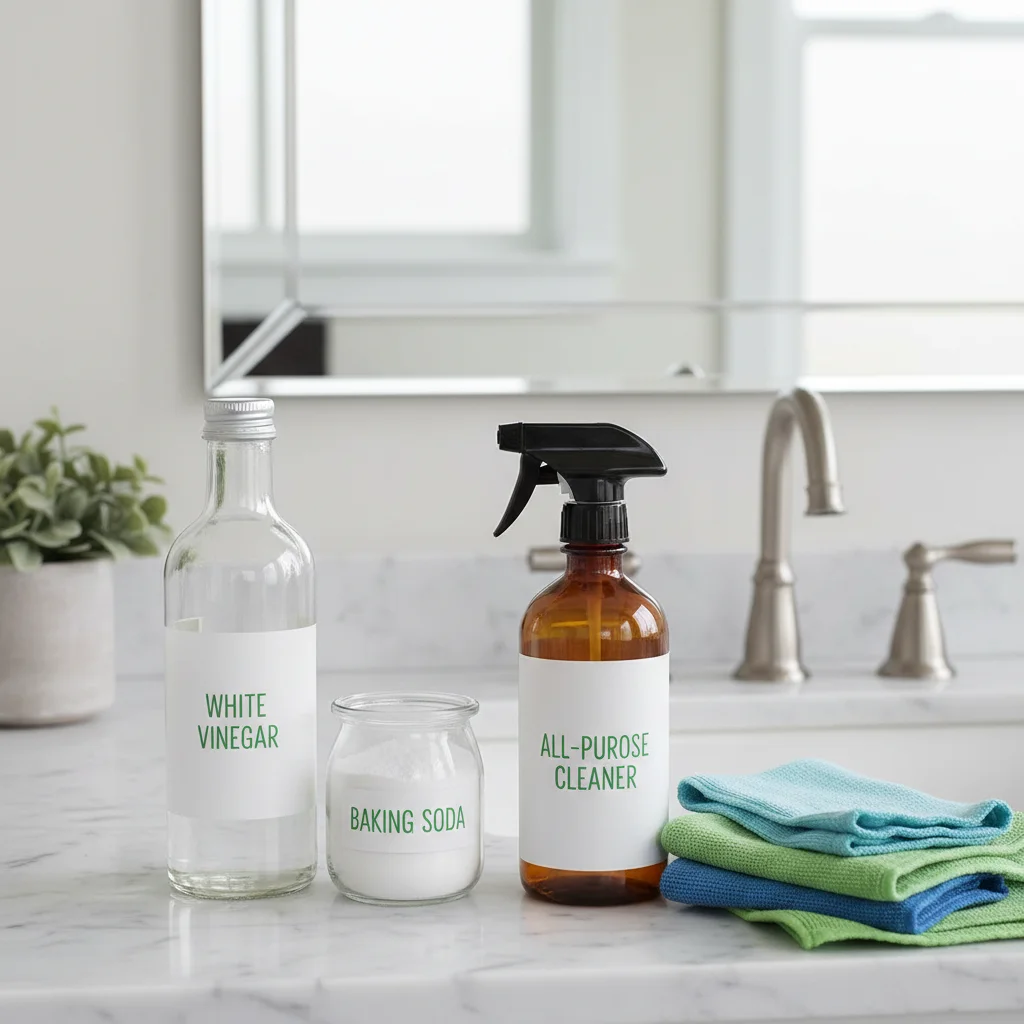 Eco-friendly bathroom cleaning supplies on counter