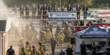 First responders collaborating during a simulated emergency drill, showcasing emergency preparedness efforts.