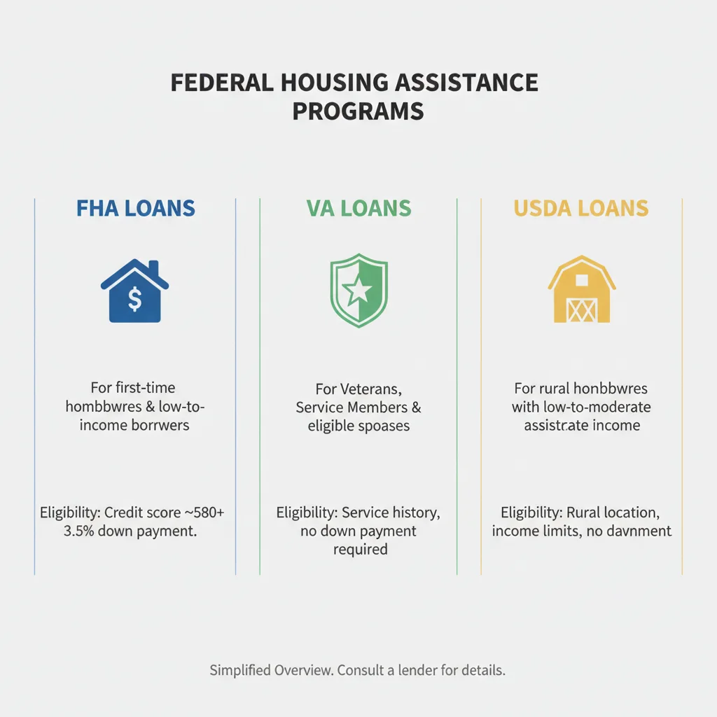 Infographic detailing various federal housing assistance programs like FHA, VA, and USDA loans with eligibility icons.
