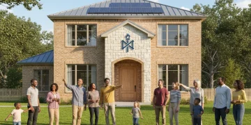 Families and individuals hopeful about homeownership examining a modern house, symbolizing access to federal housing programs.