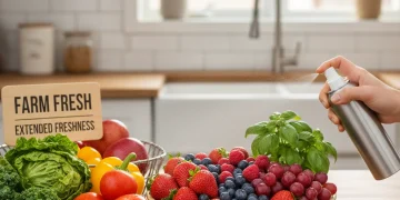 Fresh produce arranged on a kitchen counter, showcasing vibrant colors and crisp textures, with mist to signify freshness.