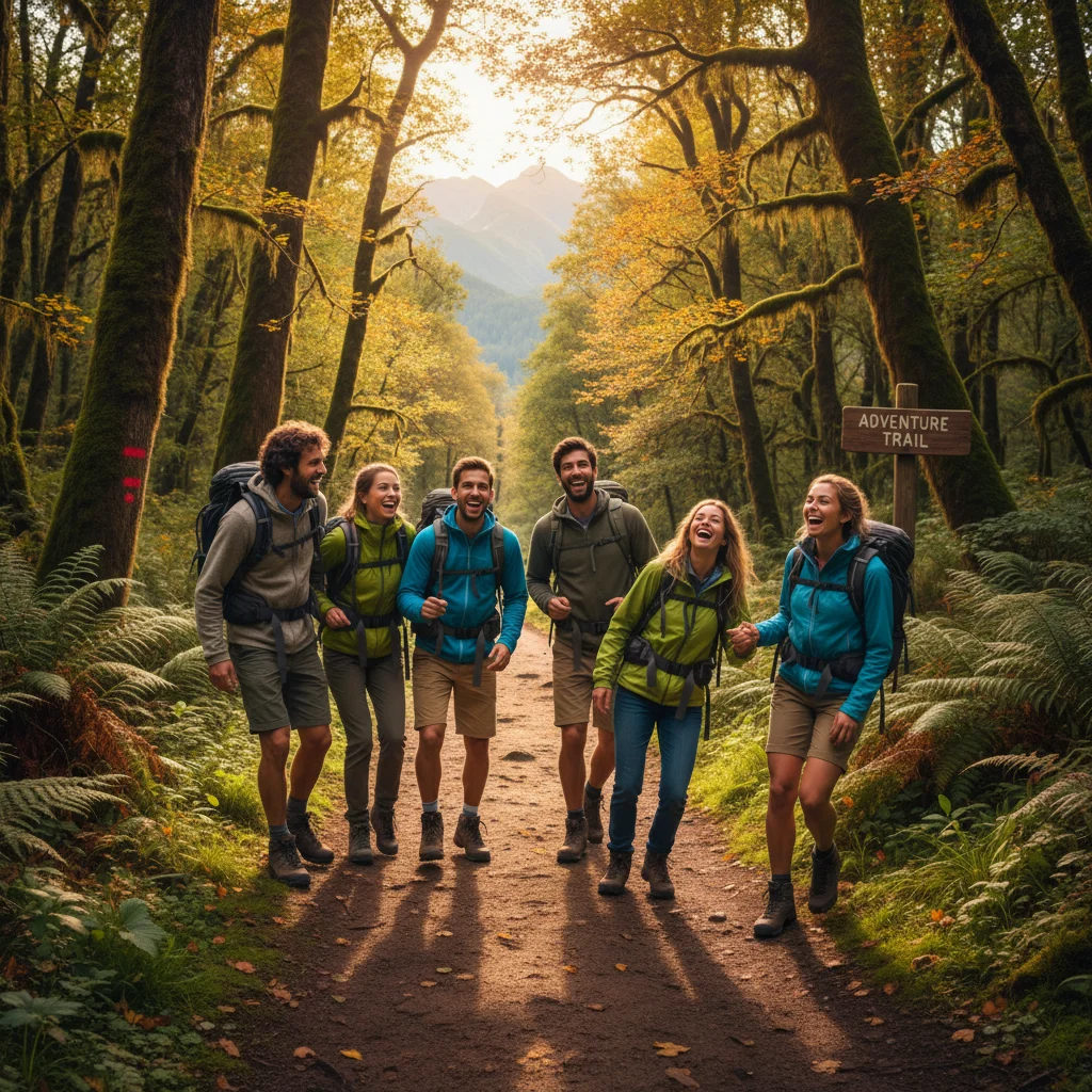 Friends hiking forest trail for stress relief