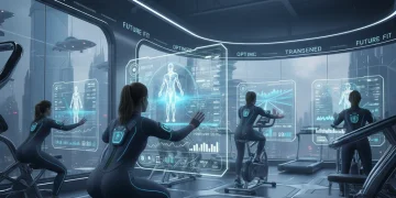 Futuristic fitness enthusiasts using advanced US wearable tech in a modern gym, displaying personalized data.
