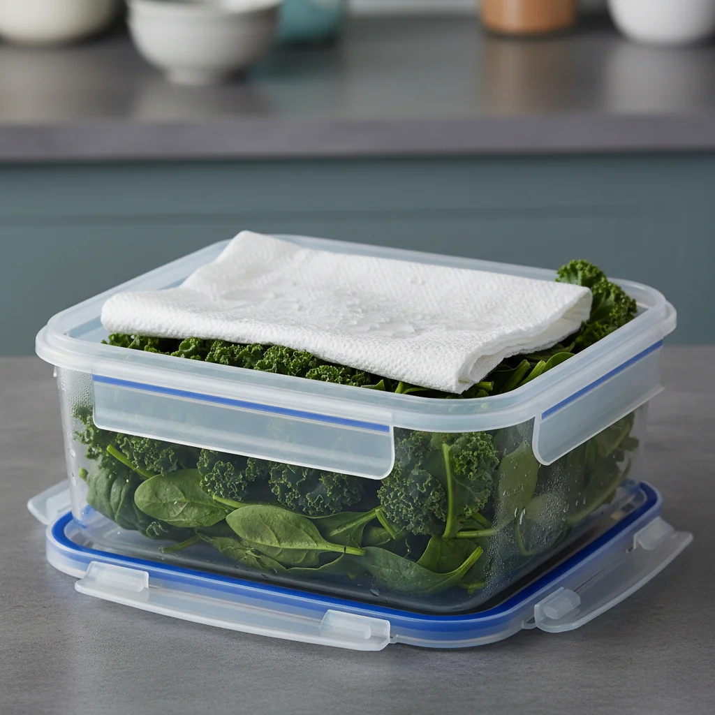 Leafy greens in an airtight container with a damp paper towel, maintaining crispness.