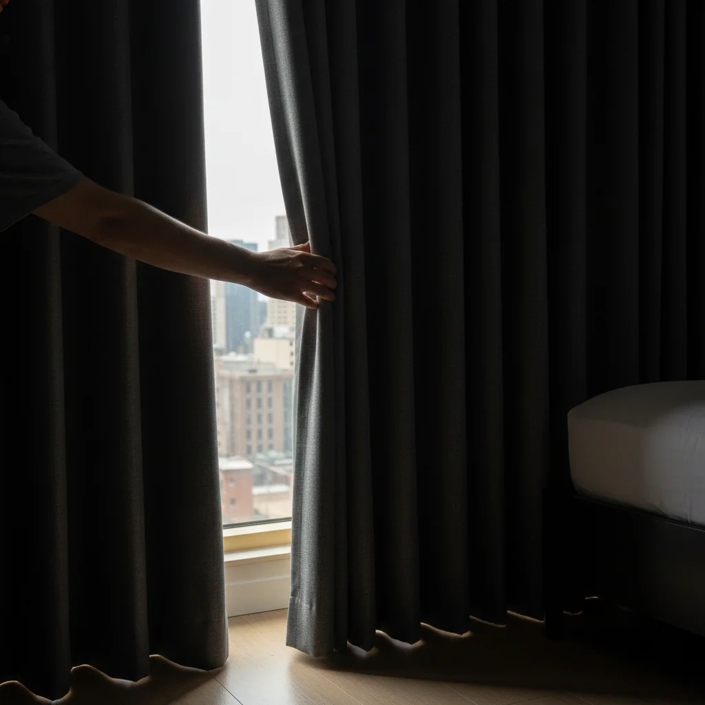 Hand closing a blackout curtain, creating complete darkness in a bedroom for better sleep