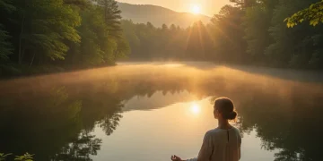 Person meditating by lake for outdoor stress reduction