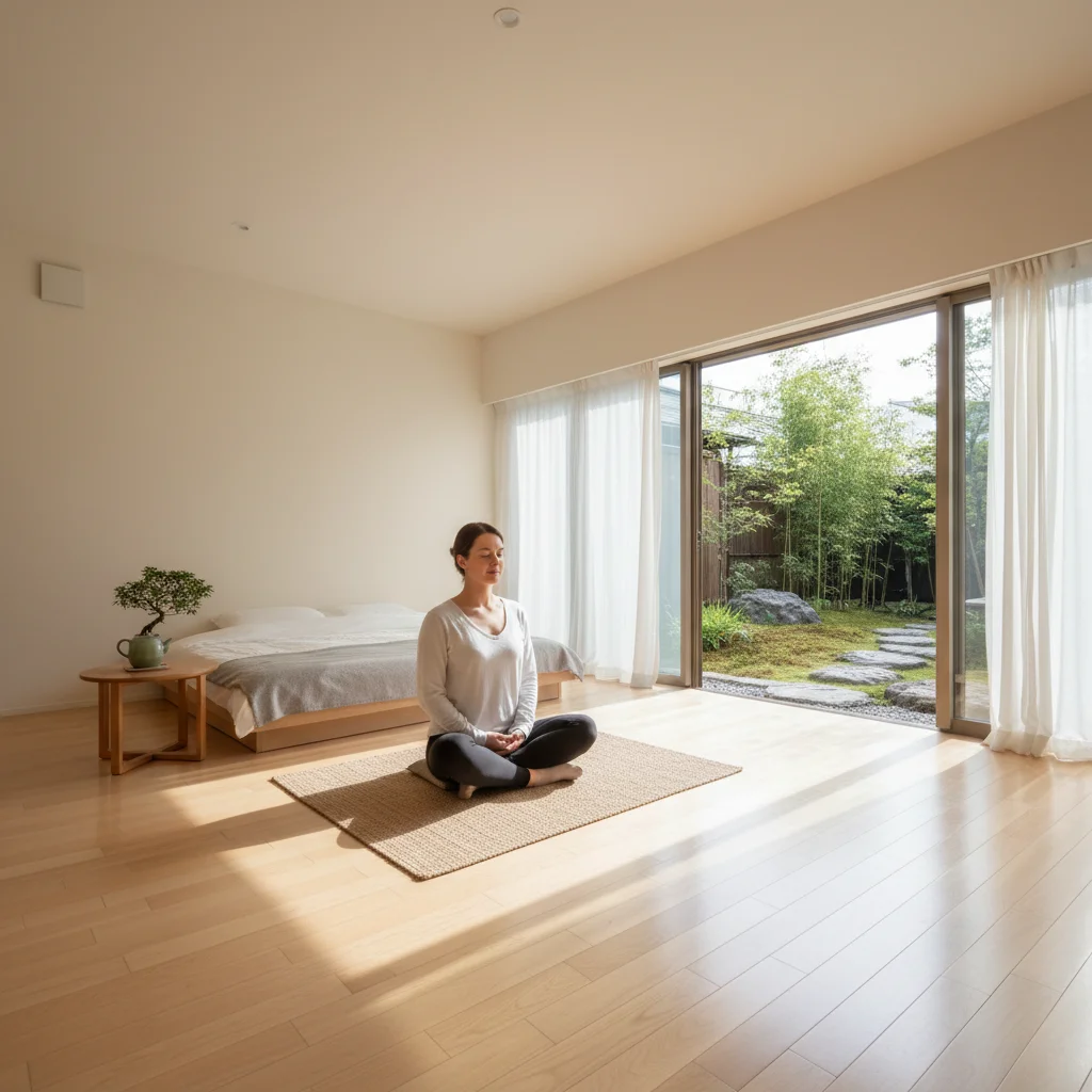 Person meditating in a minimalist bedroom with natural light, fostering mental clarity
