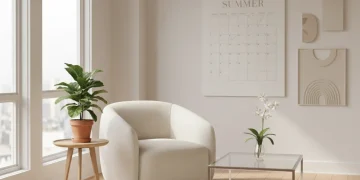 Serene minimalist living room with natural light, symbolizing stress reduction