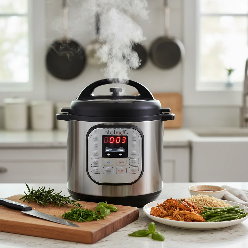 Multi-cooker efficiently preparing a meal, saving cooking time.