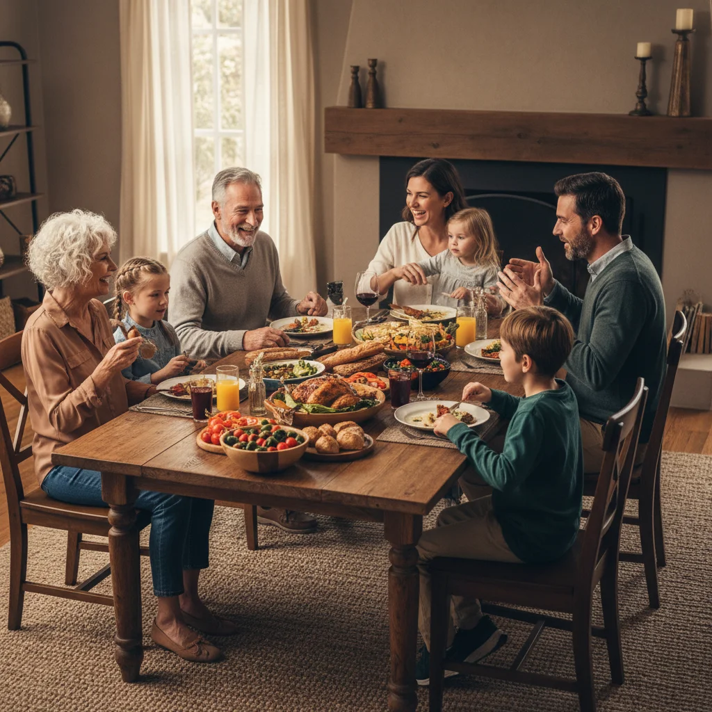 Multi-generational family enjoying a meal and conversation, highlighting strong family bonds.