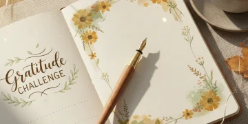 Open gratitude journal with a pen and warm light, symbolizing reflection and peace.