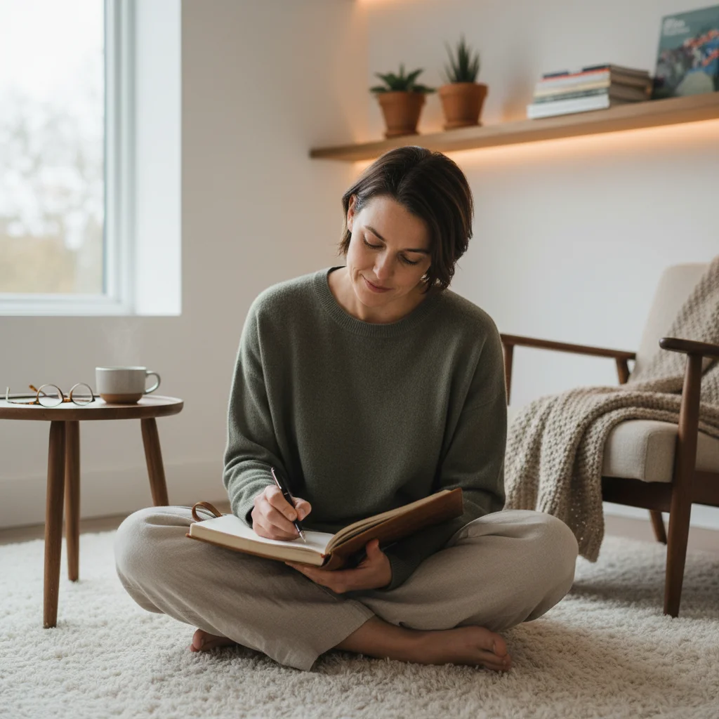 Person writing in a gratitude journal with a serene expression in a cozy setting.